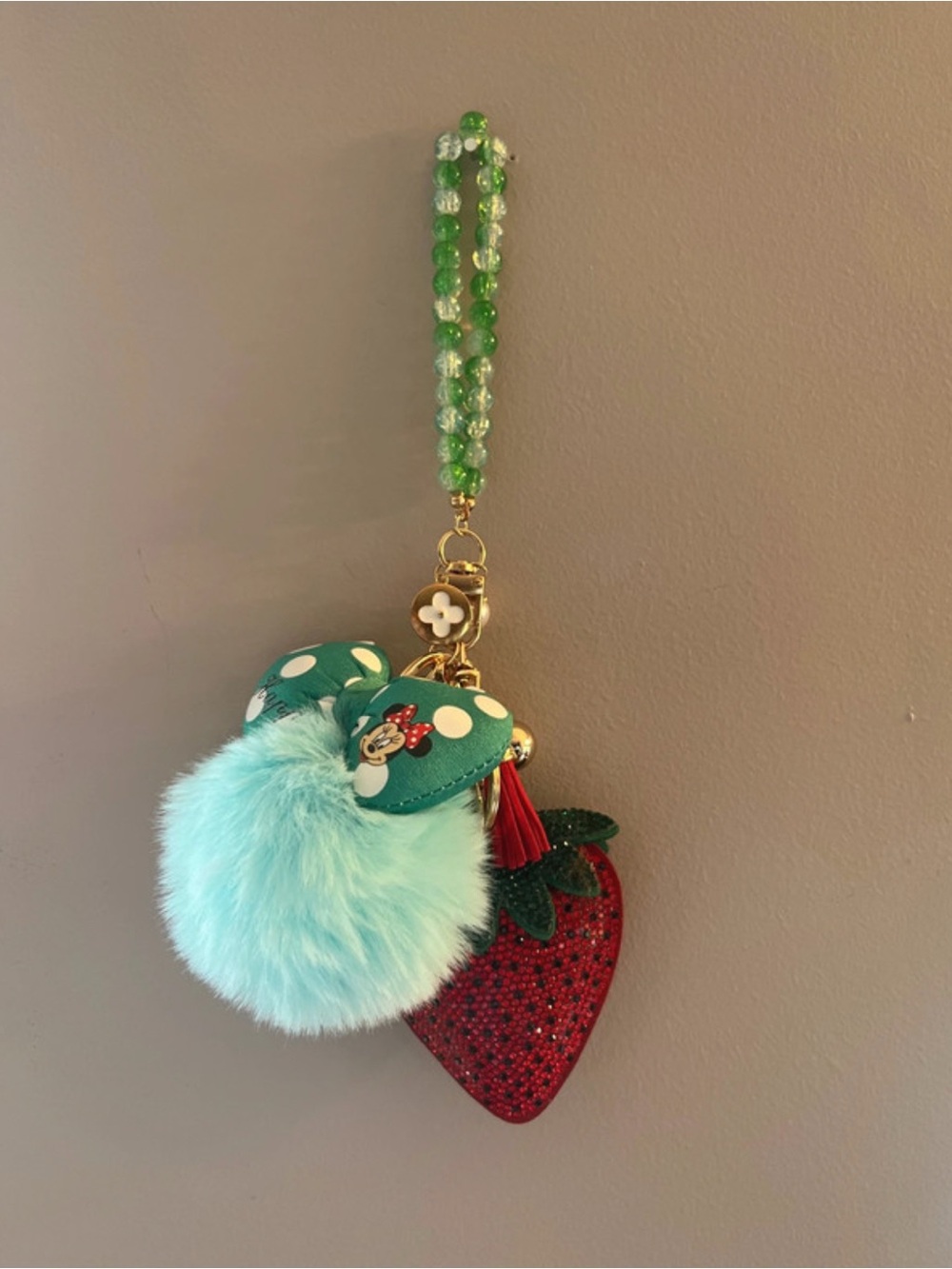 Minnie Mouse Teal Pom-Pom Keychain with Red Glitter Strawberry Charm